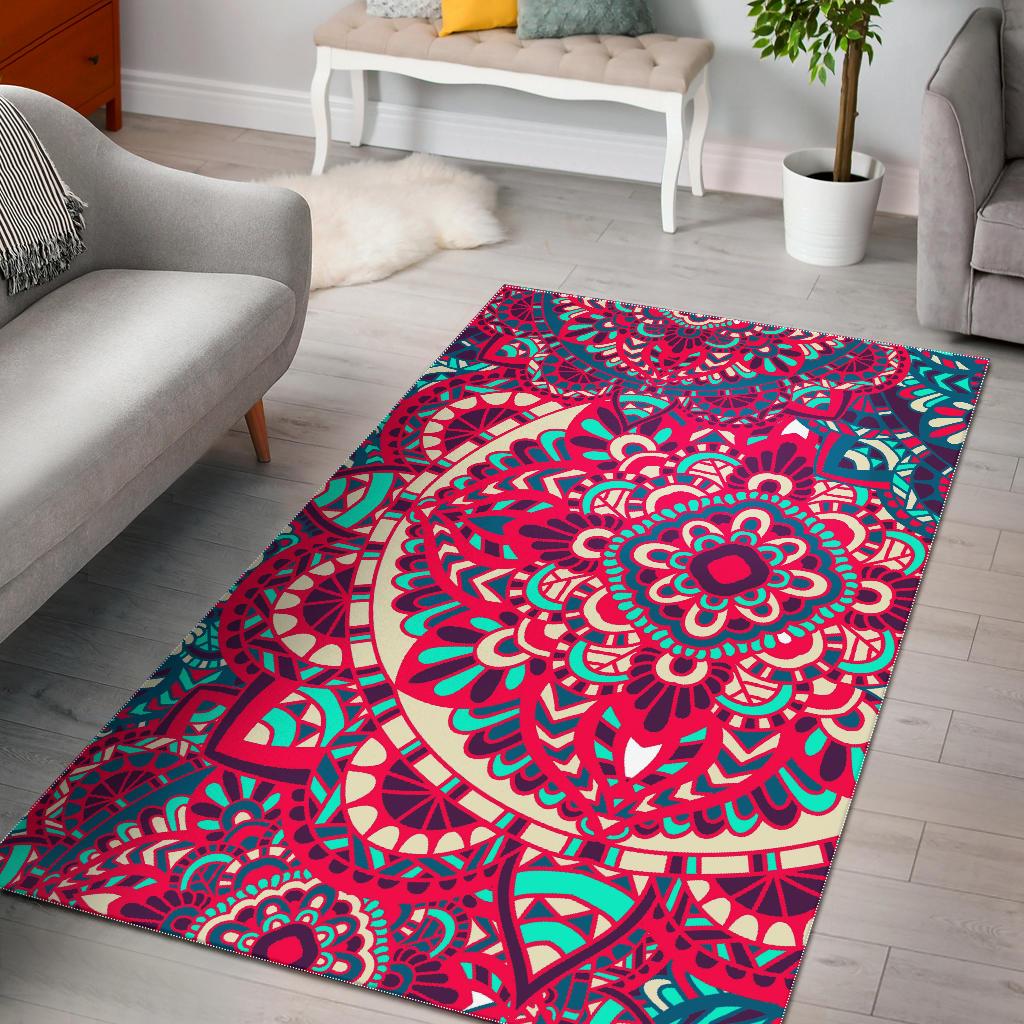 Pink Teal Bohemian Mandala Pattern Print Area Rug