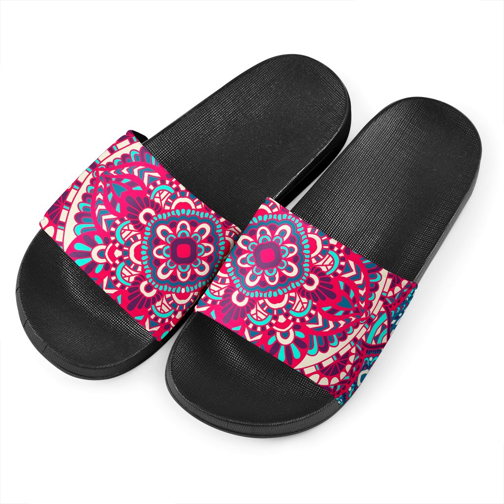 Pink Teal Bohemian Mandala Pattern Print Black Slide Sandals