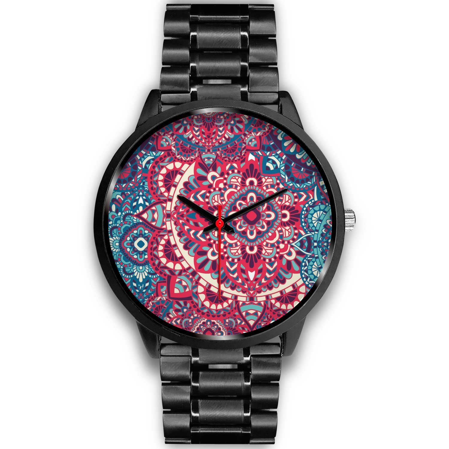 Pink Teal Bohemian Mandala Pattern Print Black Watch