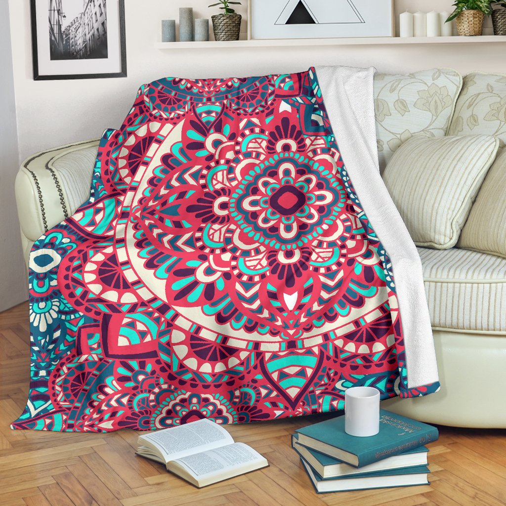 Pink Teal Bohemian Mandala Pattern Print Blanket