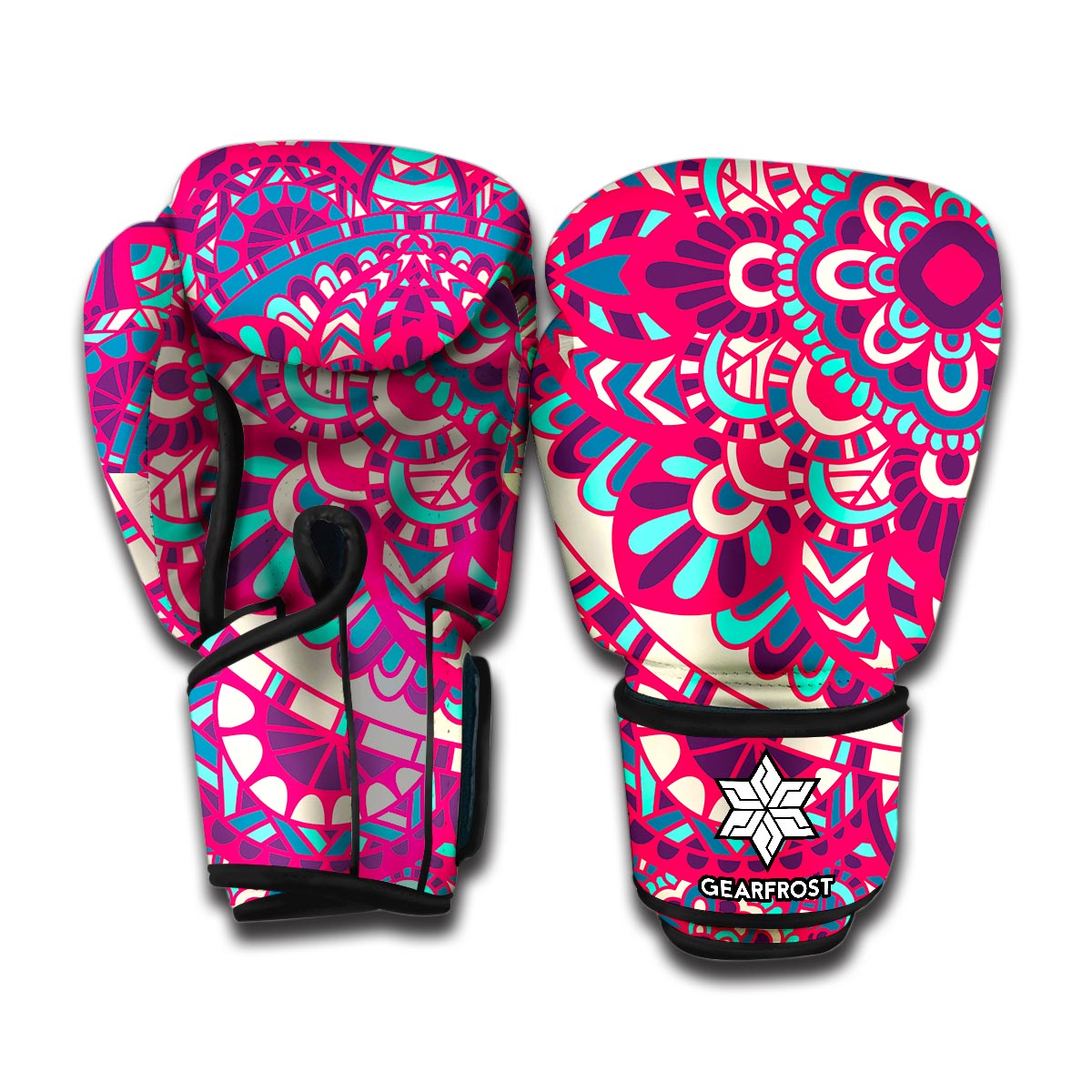 Pink Teal Bohemian Mandala Pattern Print Boxing Gloves