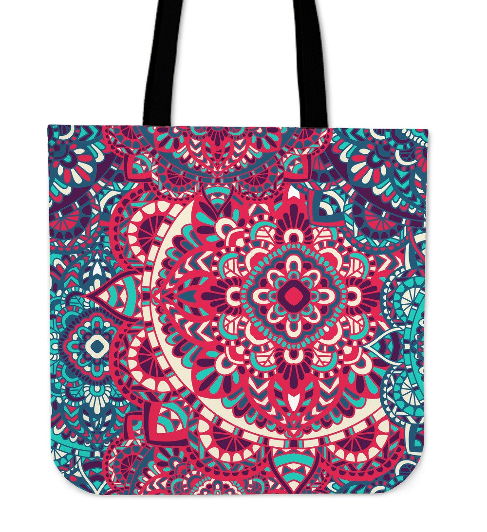 Pink Teal Bohemian Mandala Pattern Print Canvas Tote Bag