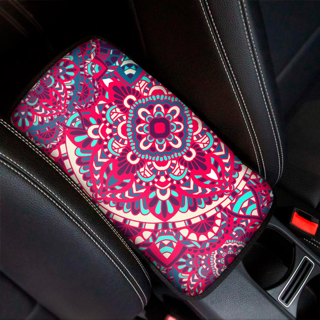 Pink Teal Bohemian Mandala Pattern Print Car Center Console Cover