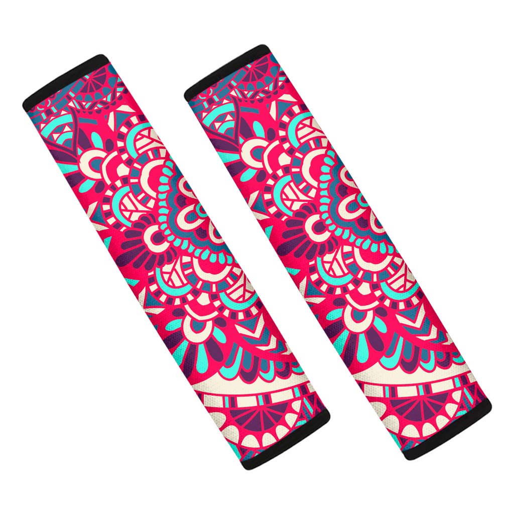 Pink Teal Bohemian Mandala Pattern Print Car Seat Belt Covers