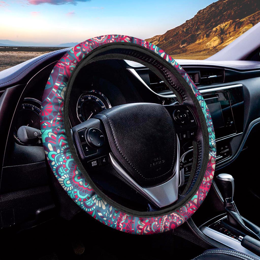 Pink Teal Bohemian Mandala Pattern Print Car Steering Wheel Cover