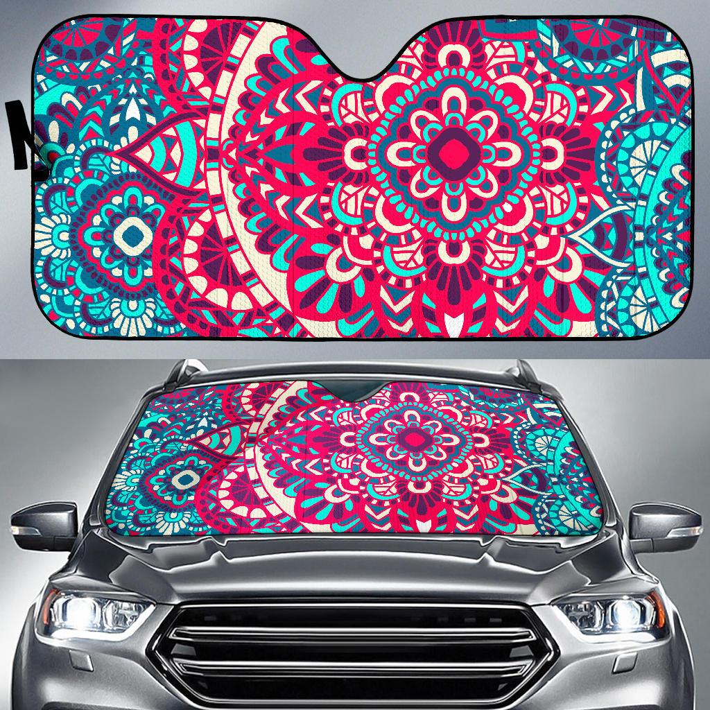 Pink Teal Bohemian Mandala Pattern Print Car Sun Shade