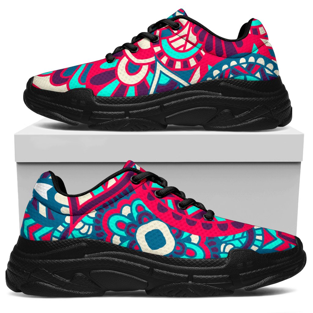 Pink Teal Bohemian Mandala Pattern Print Chunky Sneakers