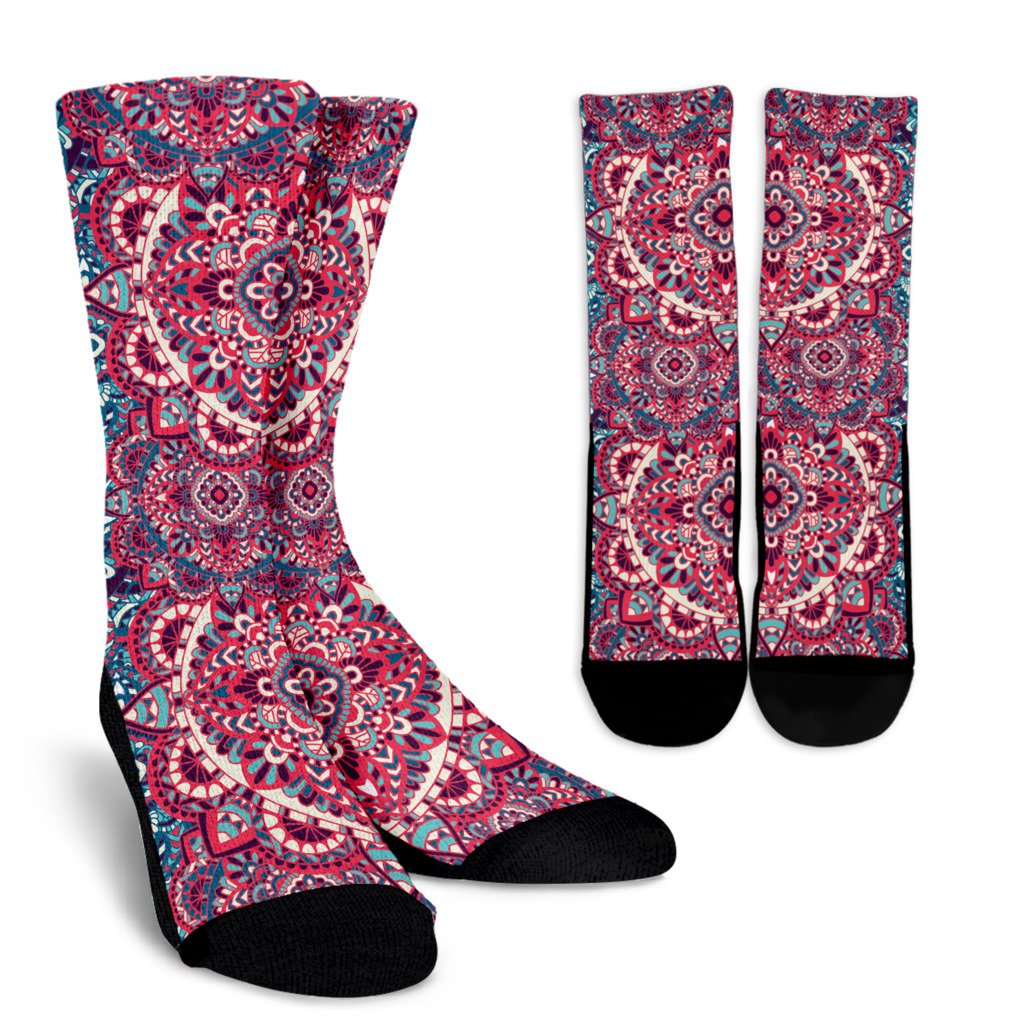 Pink Teal Bohemian Mandala Pattern Print Crew Socks