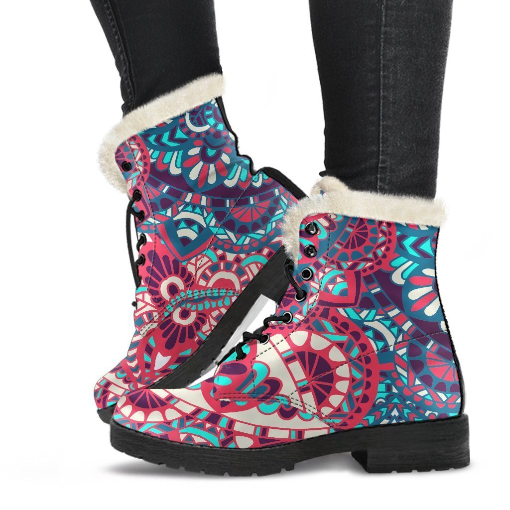 Pink Teal Bohemian Mandala Pattern Print Faux Fur Leather Boots