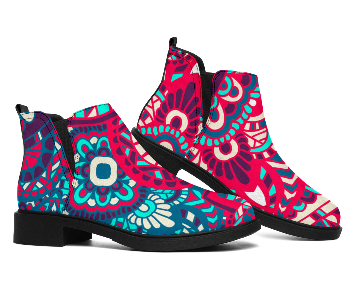 Pink Teal Bohemian Mandala Pattern Print Flat Ankle Boots