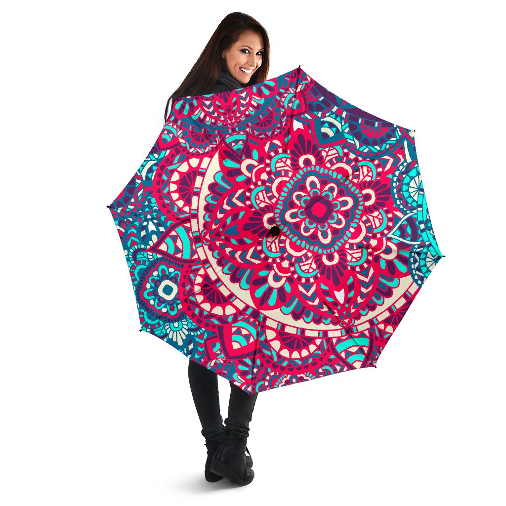 Pink Teal Bohemian Mandala Pattern Print Foldable Umbrella