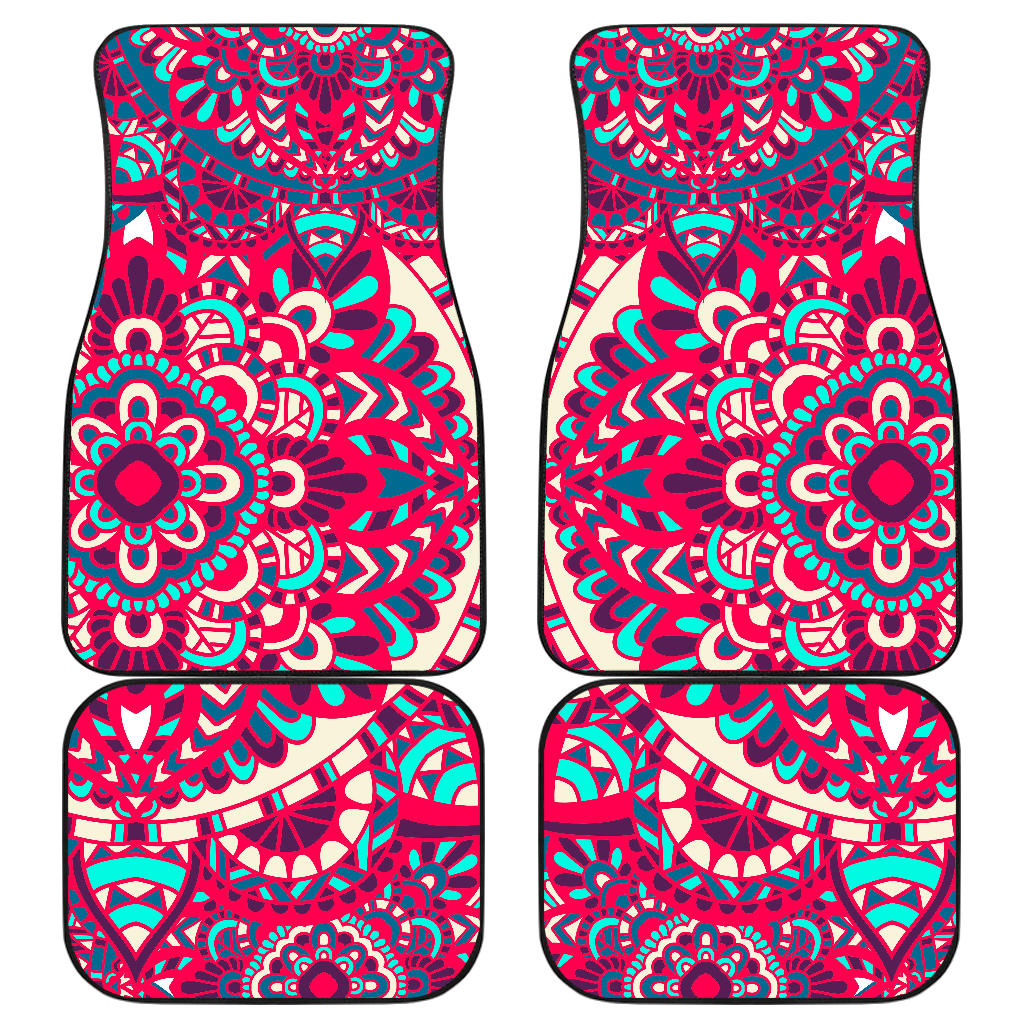 Pink Teal Bohemian Mandala Pattern Print Front and Back Car Floor Mats