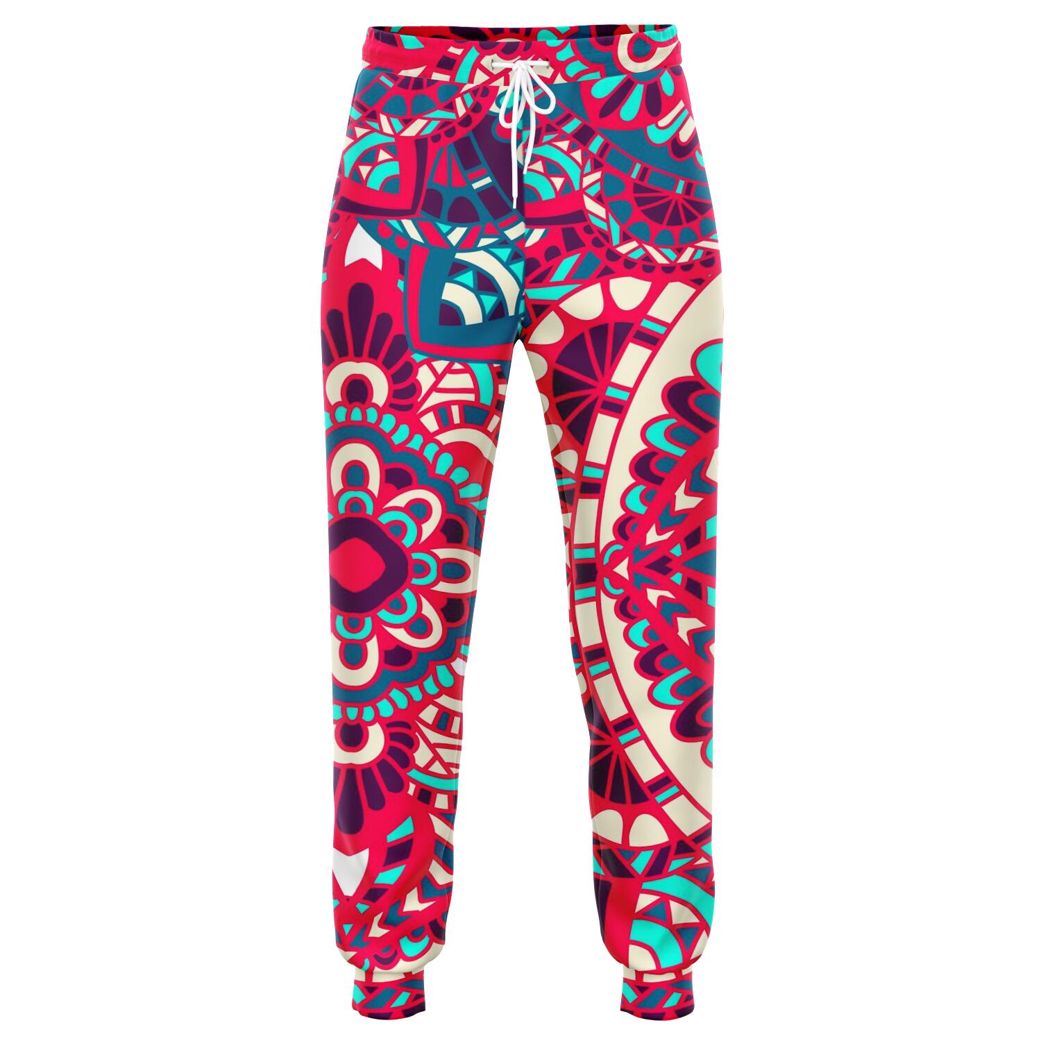 Pink Teal Bohemian Mandala Pattern Print Jogger Pants