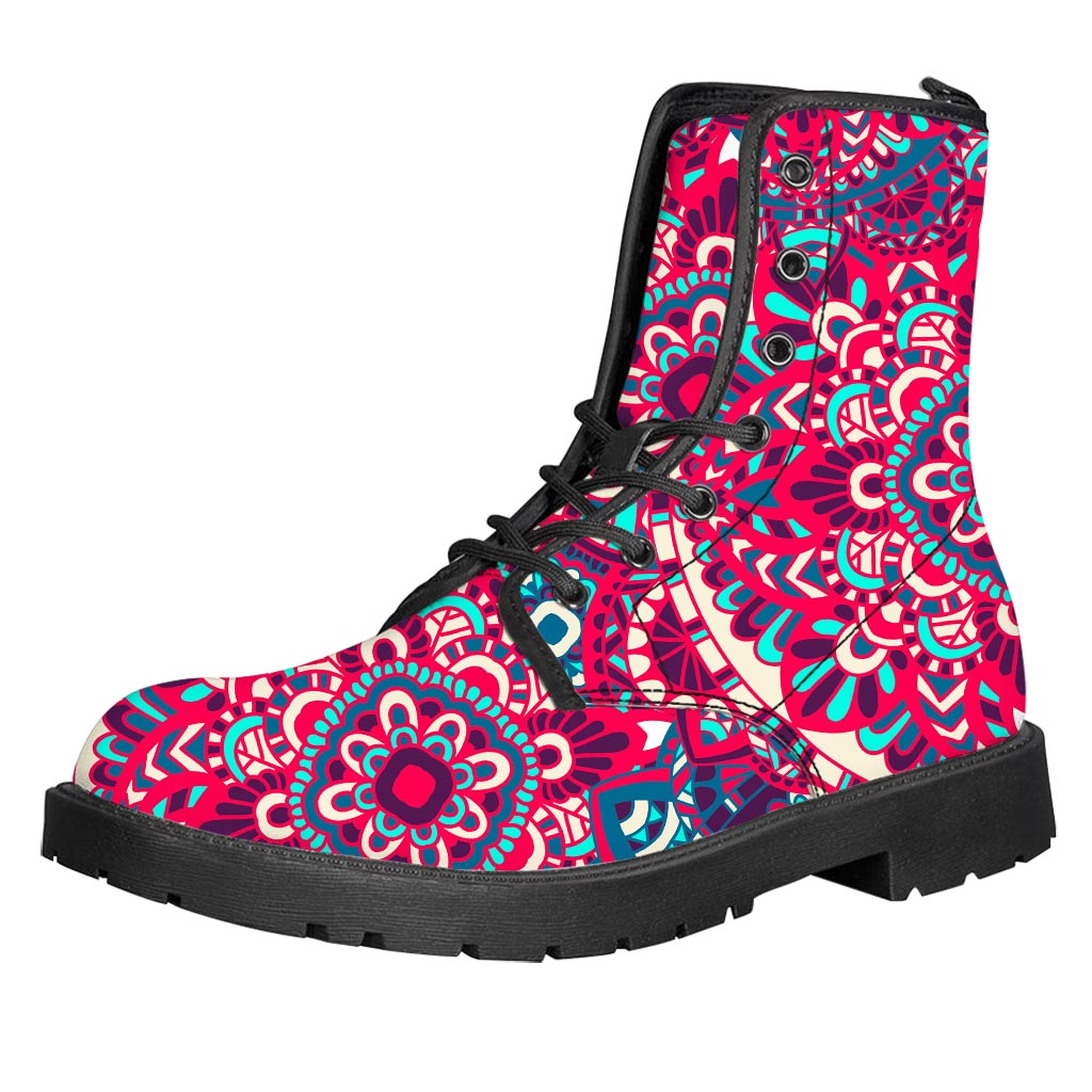 Pink Teal Bohemian Mandala Pattern Print Leather Boots