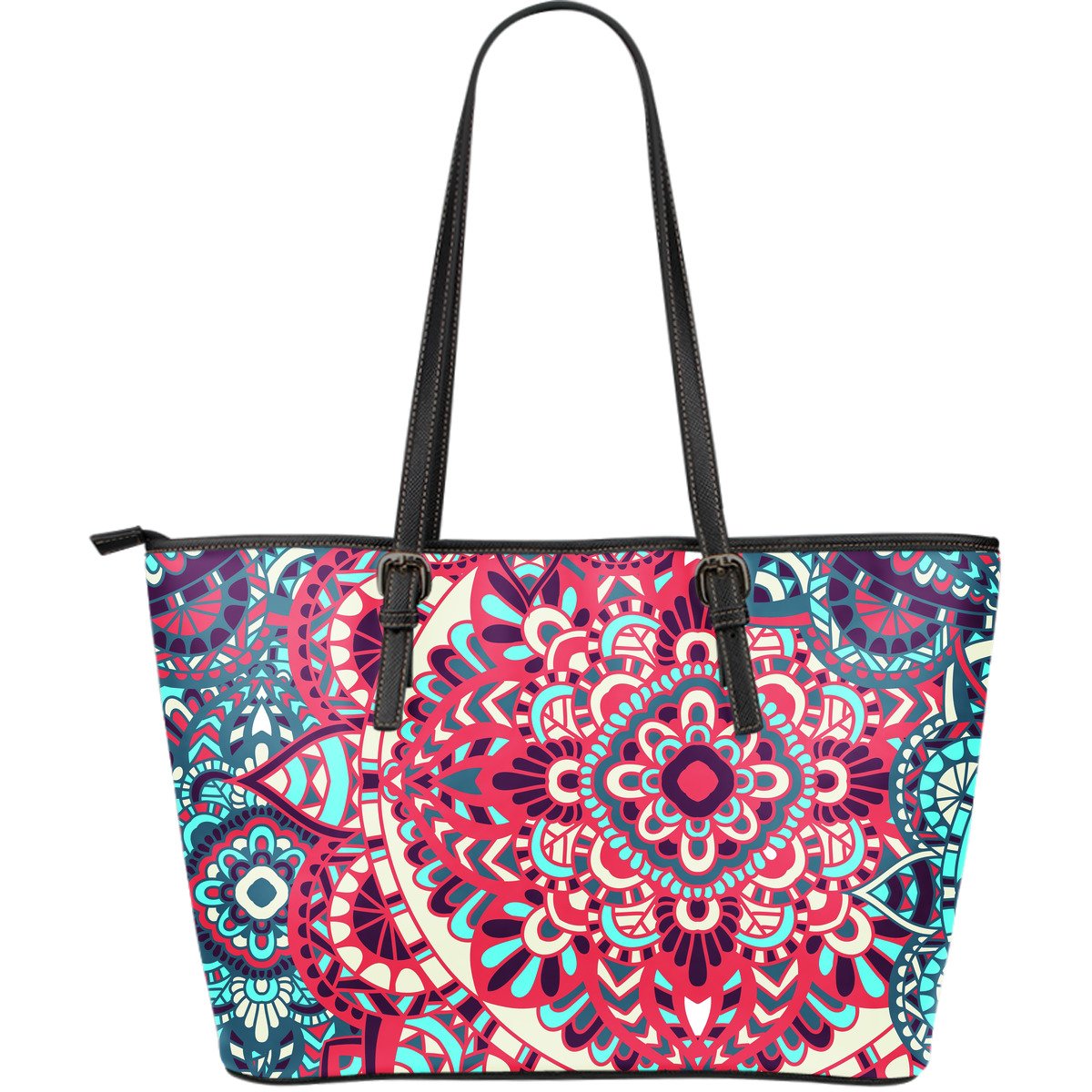 Pink Teal Bohemian Mandala Pattern Print Leather Tote Bag