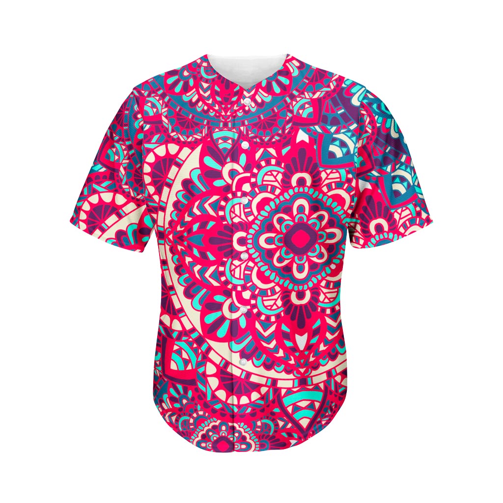 Pink Teal Bohemian Mandala Pattern Print Men's Baseball Jersey