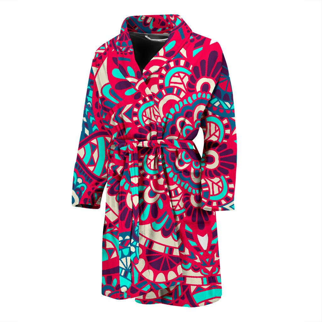 Pink Teal Bohemian Mandala Pattern Print Men's Bathrobe