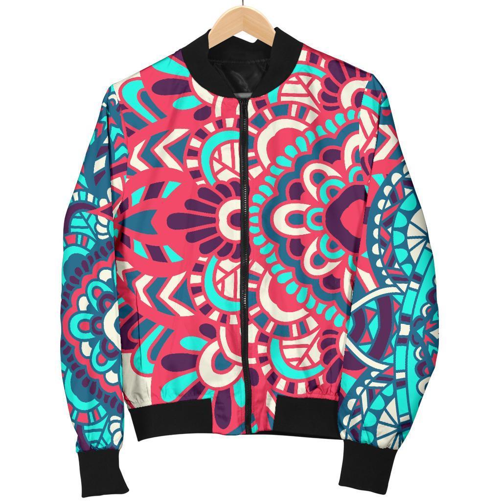 Pink Teal Bohemian Mandala Pattern Print Men's Bomber Jacket