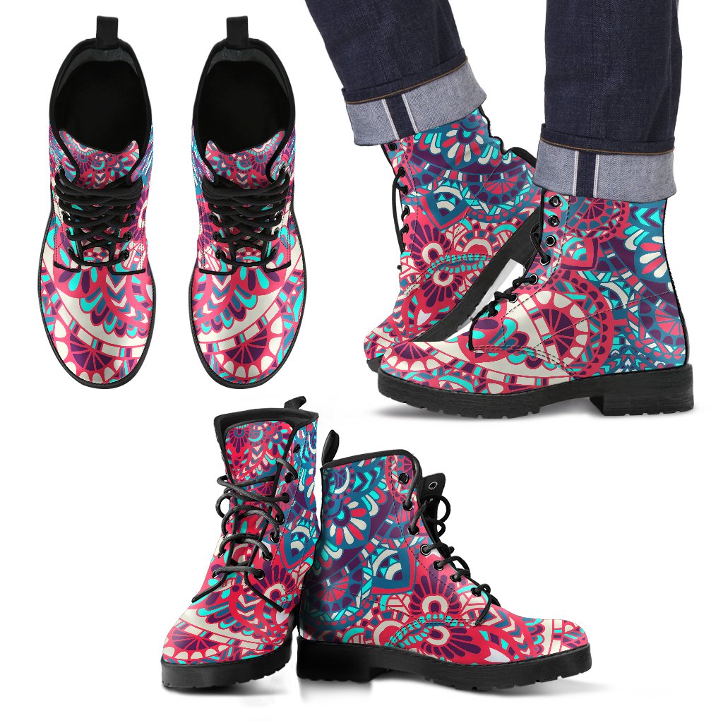 Pink Teal Bohemian Mandala Pattern Print Men's Boots