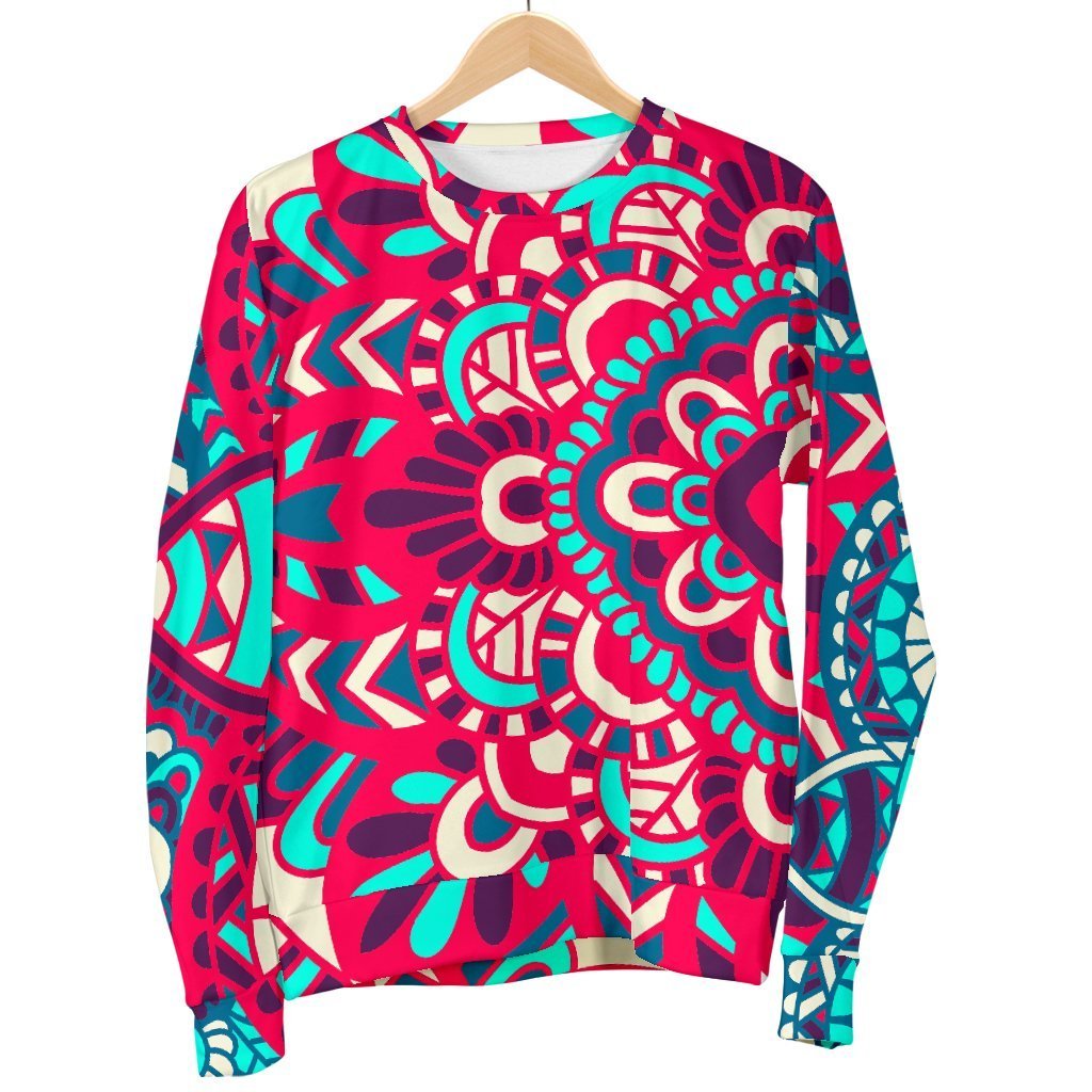 Pink Teal Bohemian Mandala Pattern Print Men's Crewneck Sweatshirt