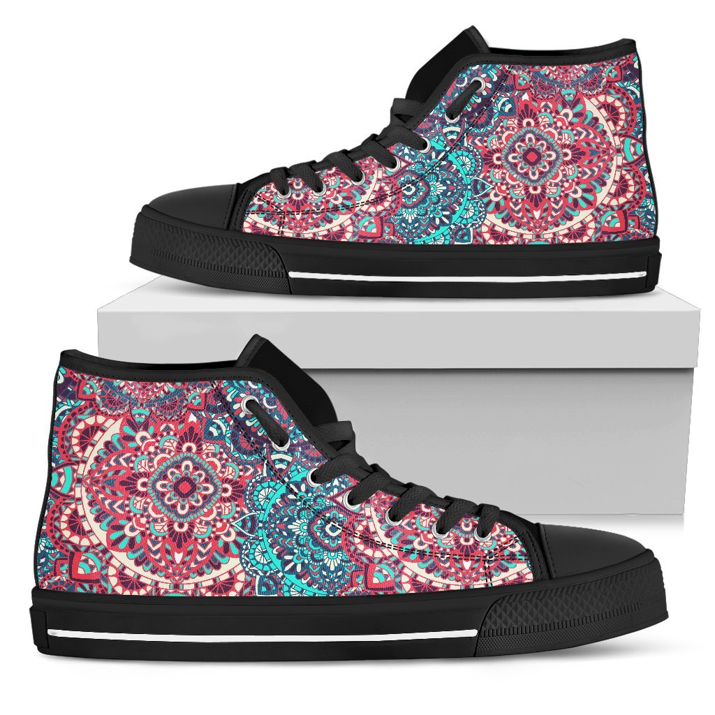 Pink Teal Bohemian Mandala Pattern Print Men's High Top Shoes