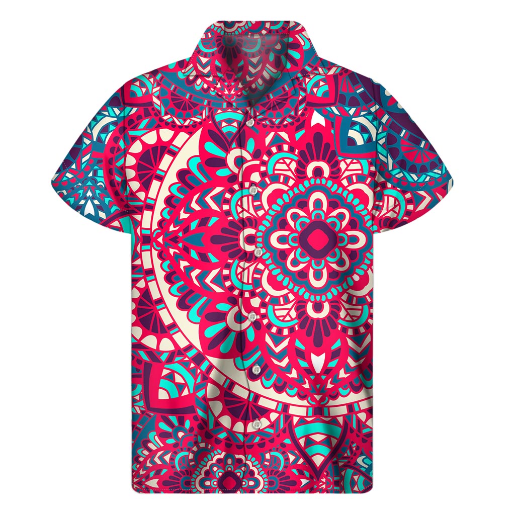 Pink Teal Bohemian Mandala Pattern Print Men's Short Sleeve Shirt