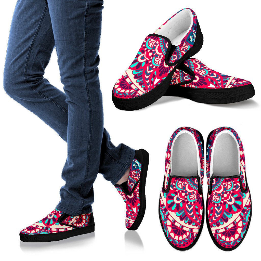 Pink Teal Bohemian Mandala Pattern Print Men's Slip On Shoes