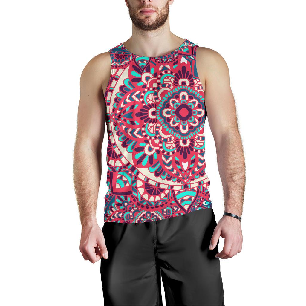 Pink Teal Bohemian Mandala Pattern Print Men's Tank Top