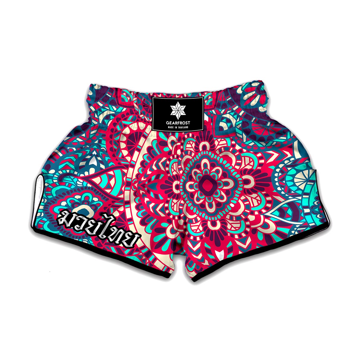 Pink Teal Bohemian Mandala Pattern Print Muay Thai Boxing Shorts