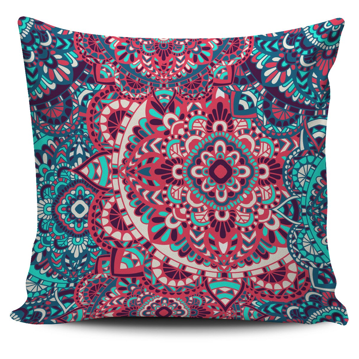 Pink Teal Bohemian Mandala Pattern Print Pillow Cover