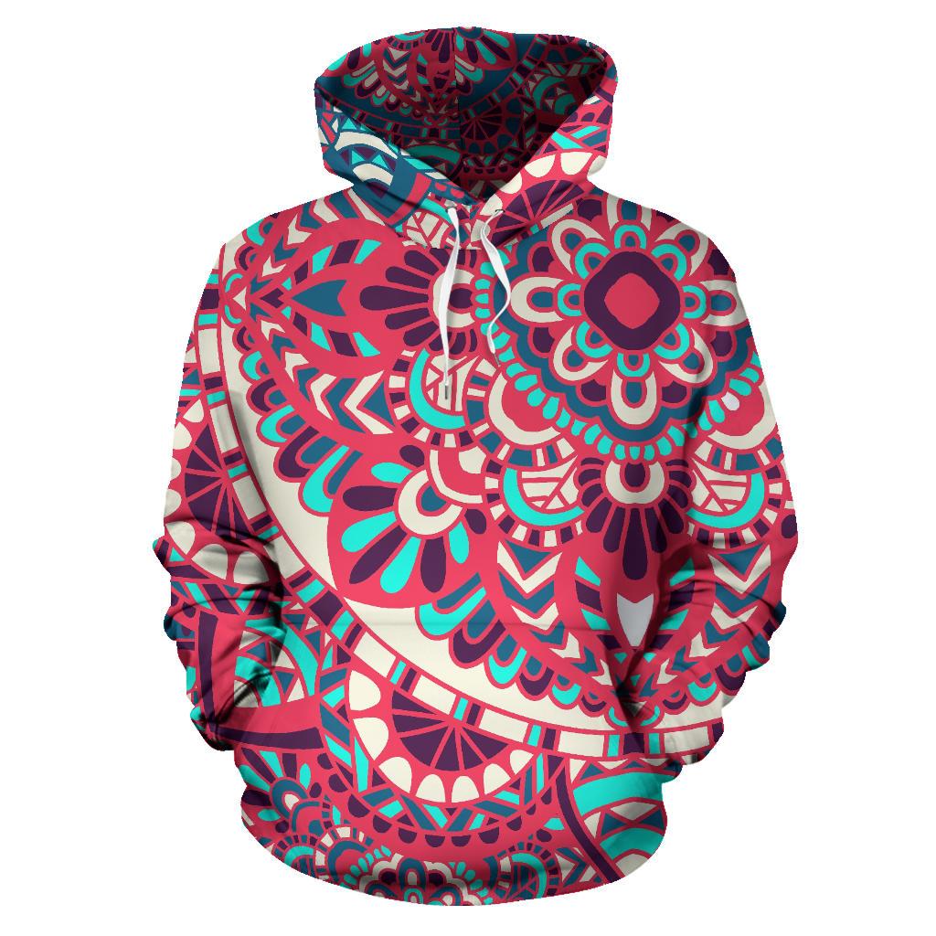 Pink Teal Bohemian Mandala Pattern Print Pullover Hoodie