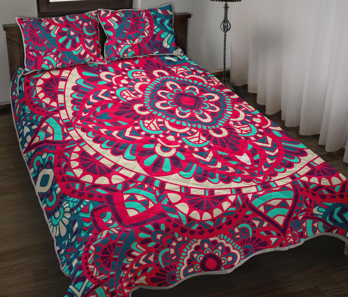 Pink Teal Bohemian Mandala Pattern Print Quilt Bed Set