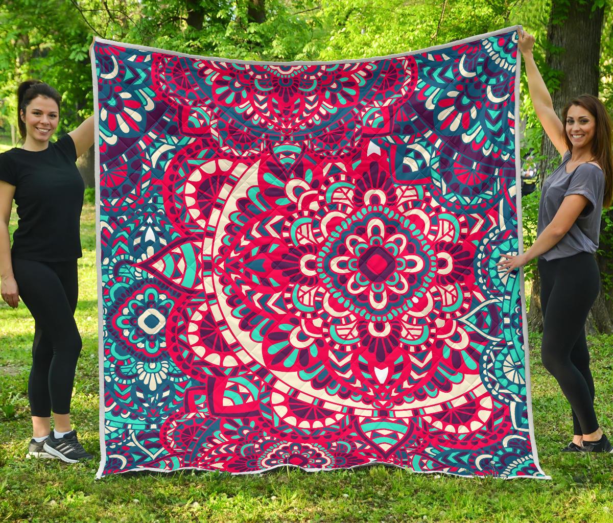 Pink Teal Bohemian Mandala Pattern Print Quilt