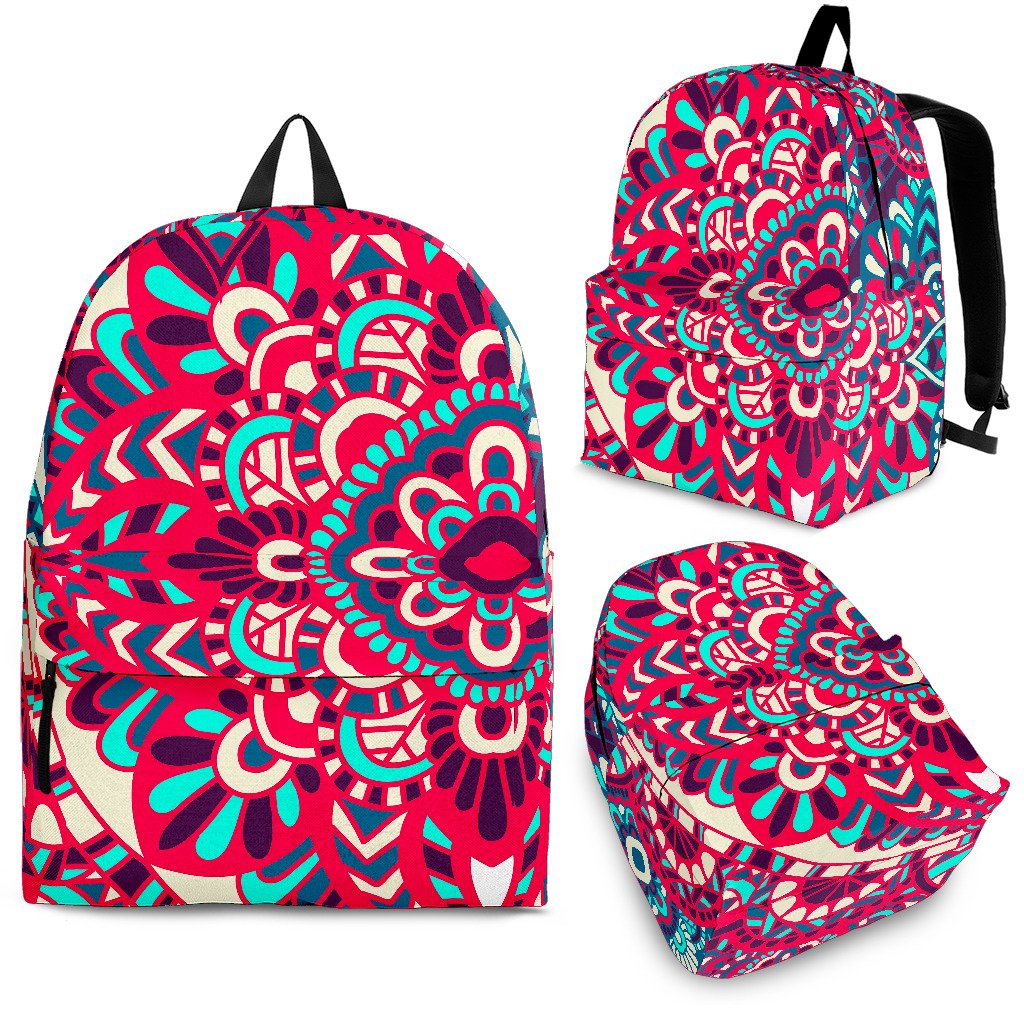 Pink Teal Bohemian Mandala Pattern Print School Backpack