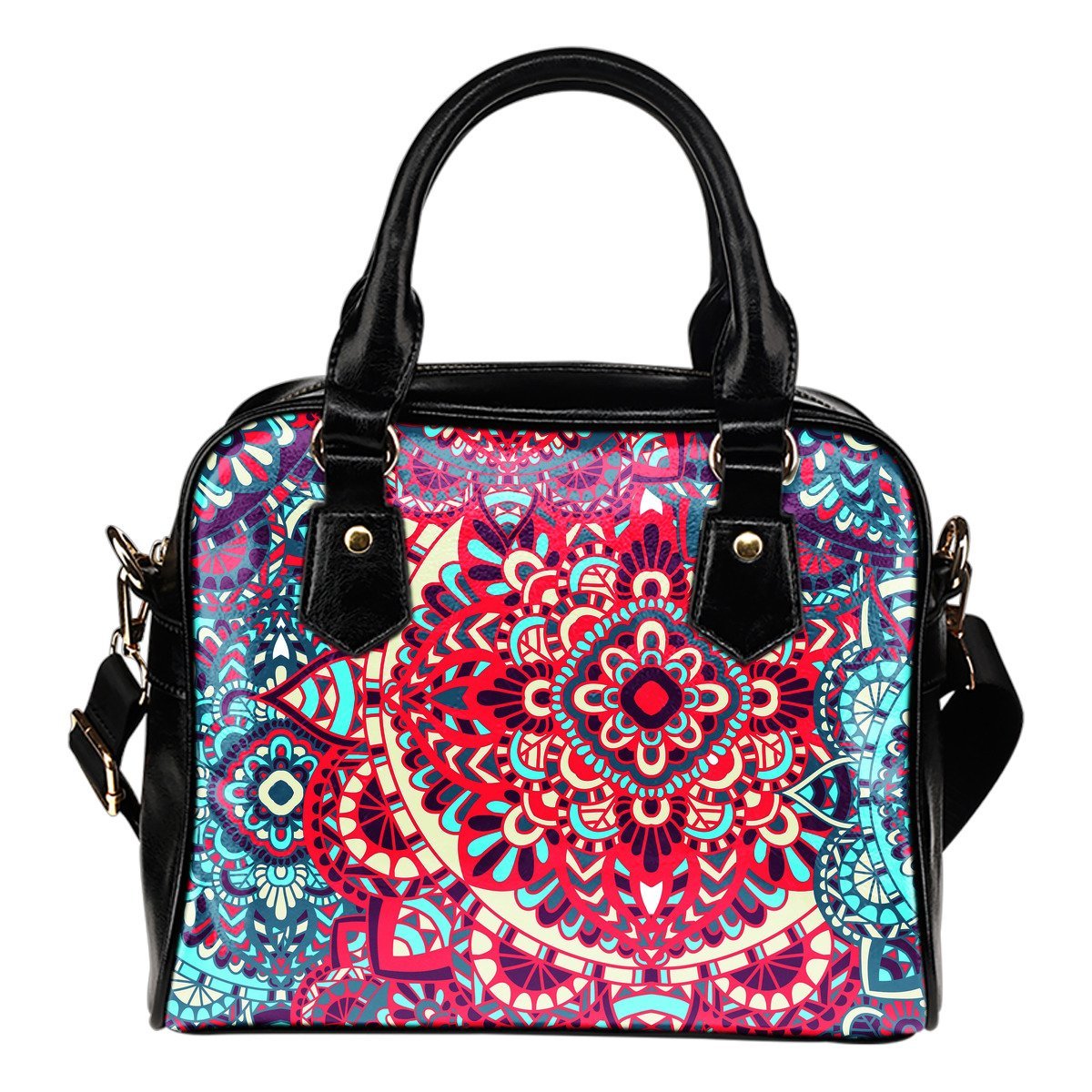 Pink Teal Bohemian Mandala Pattern Print Shoulder Handbag