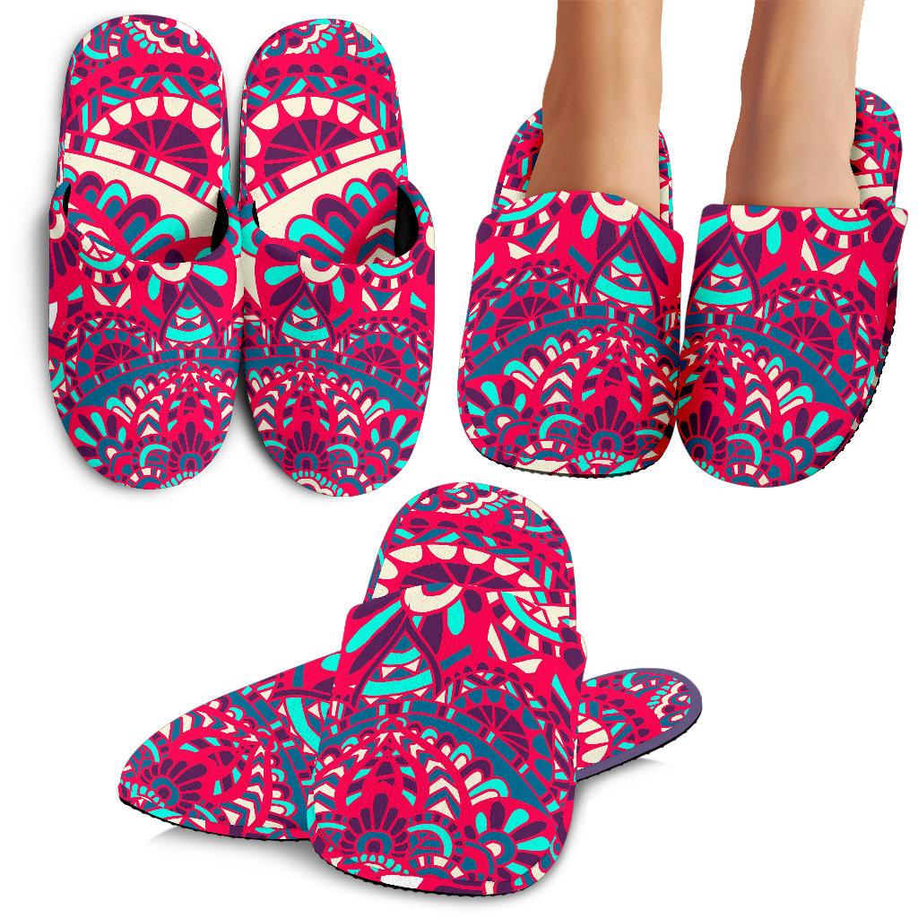 Pink Teal Bohemian Mandala Pattern Print Slippers