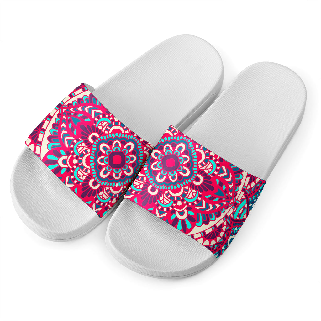 Pink Teal Bohemian Mandala Pattern Print White Slide Sandals