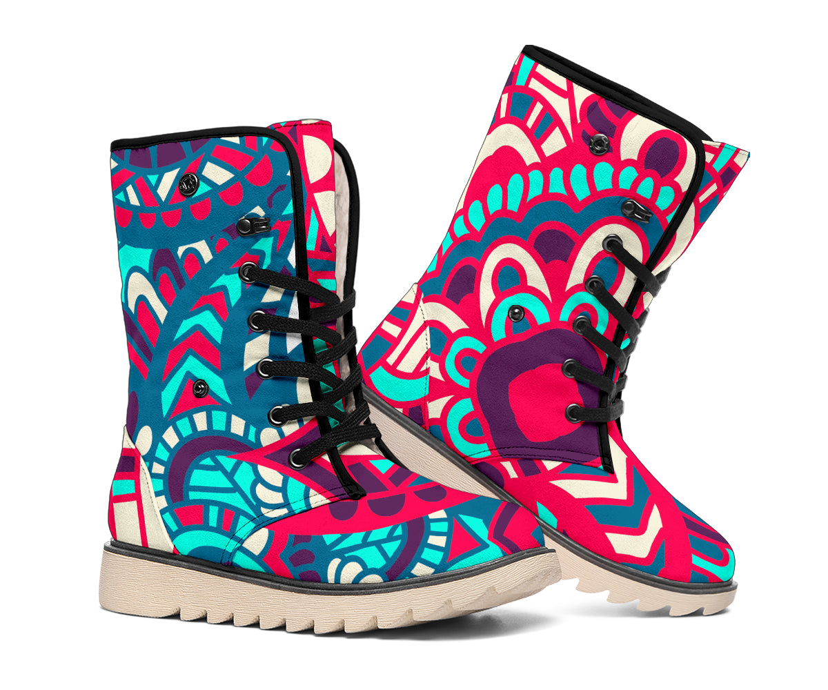 Pink Teal Bohemian Mandala Pattern Print Winter Boots