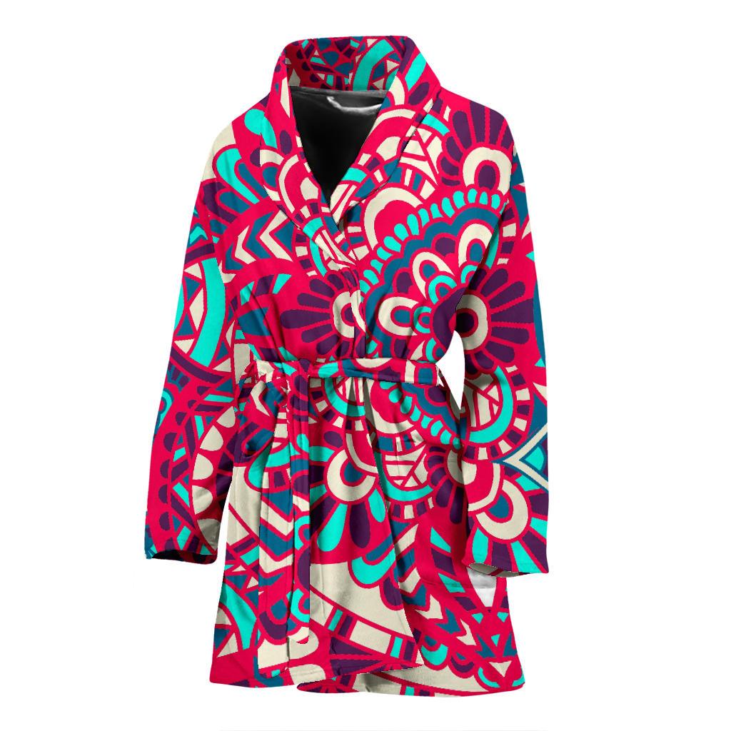 Pink Teal Bohemian Mandala Pattern Print Women's Bathrobe