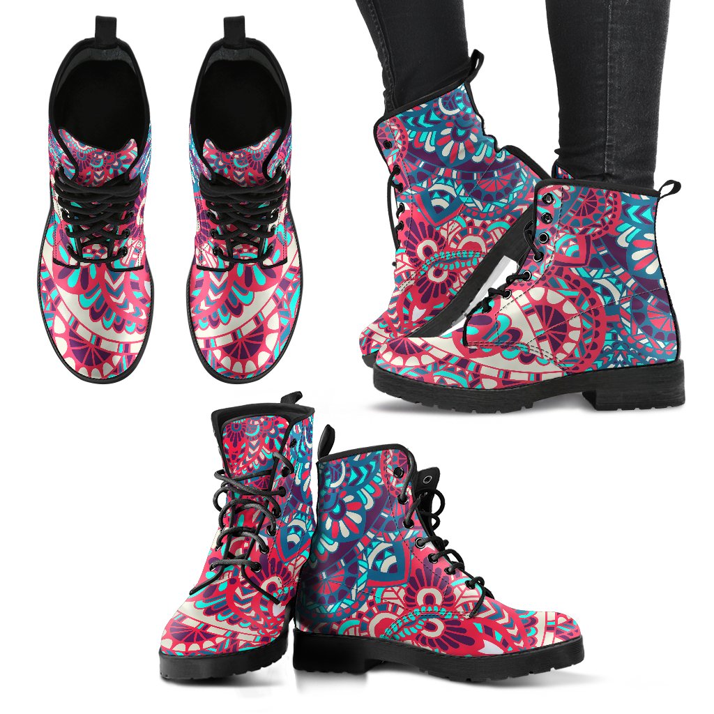 Pink Teal Bohemian Mandala Pattern Print Women's Boots