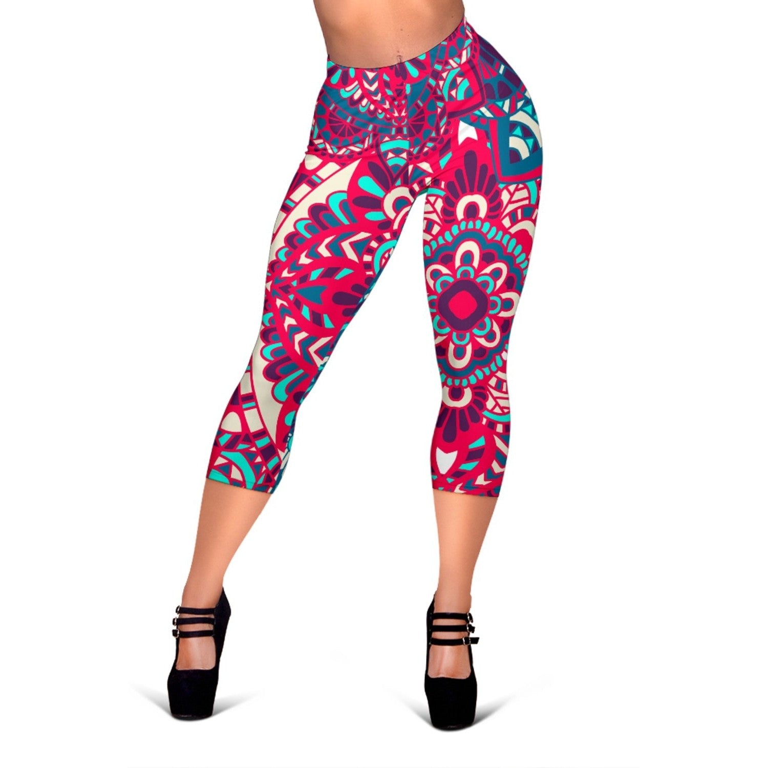 Pink Teal Bohemian Mandala Pattern Print Women's Capri Leggings