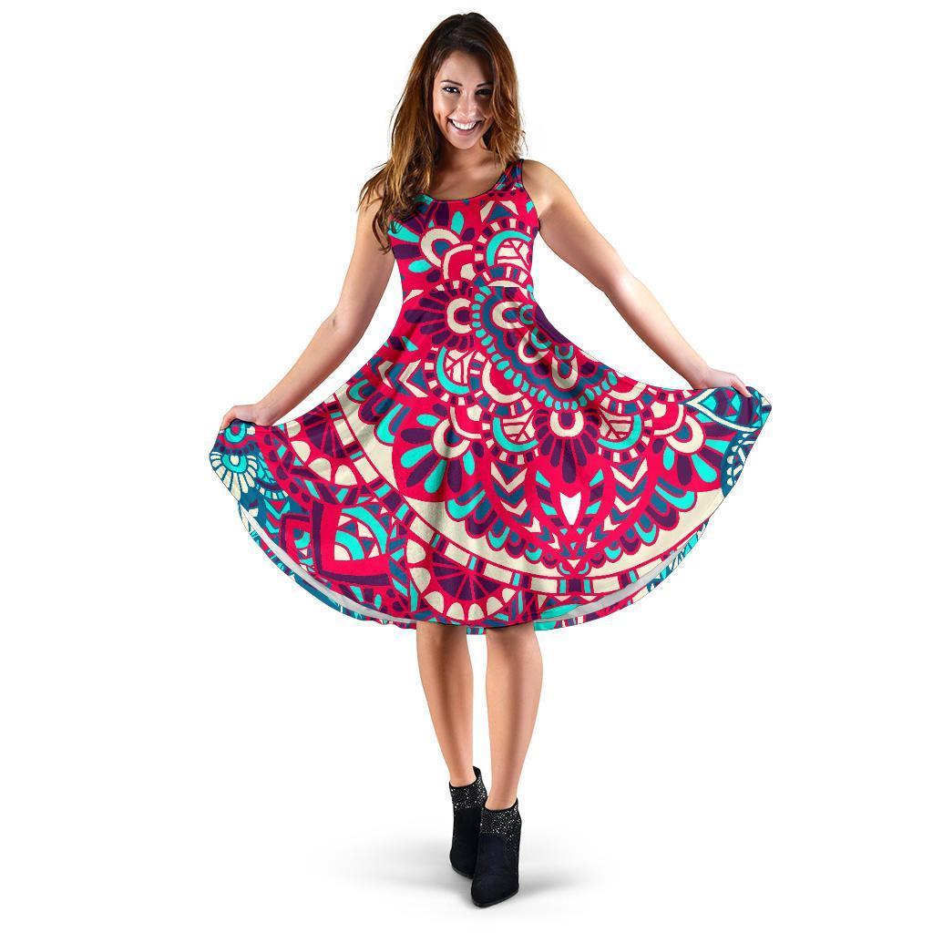 Pink Teal Bohemian Mandala Pattern Print Women's Dress