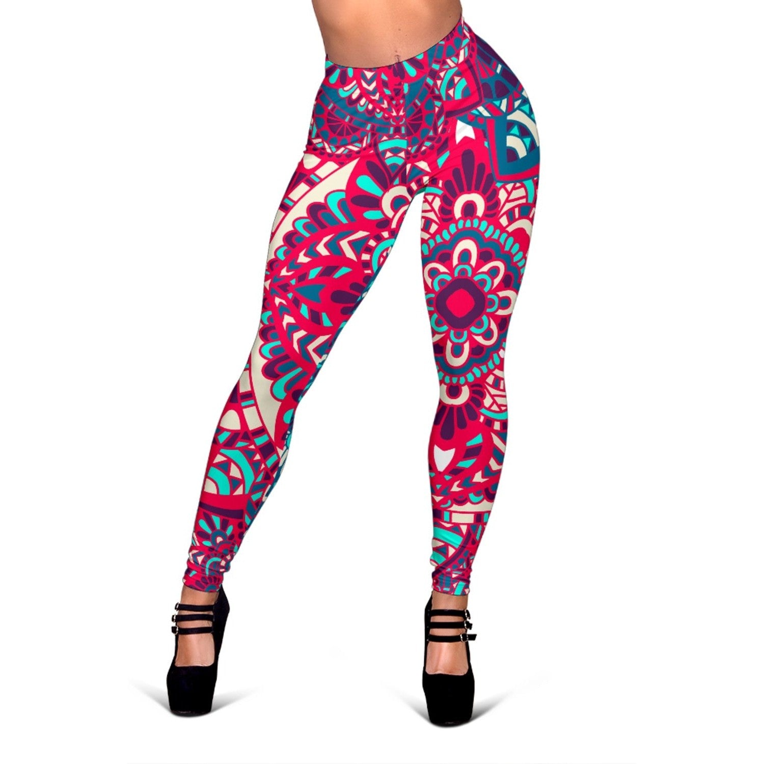 Pink Teal Bohemian Mandala Pattern Print Women's Leggings