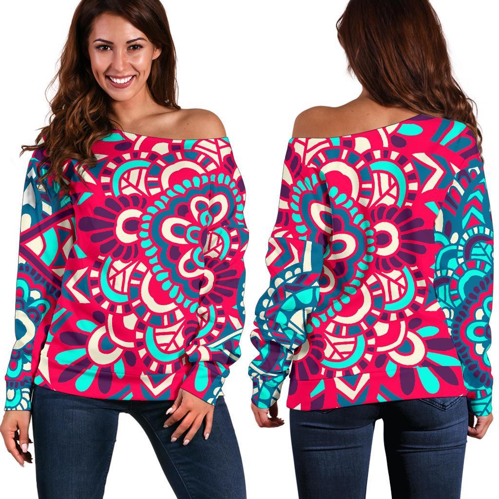 Pink Teal Bohemian Mandala Pattern Print Women's Off-Shoulder Sweatshirt