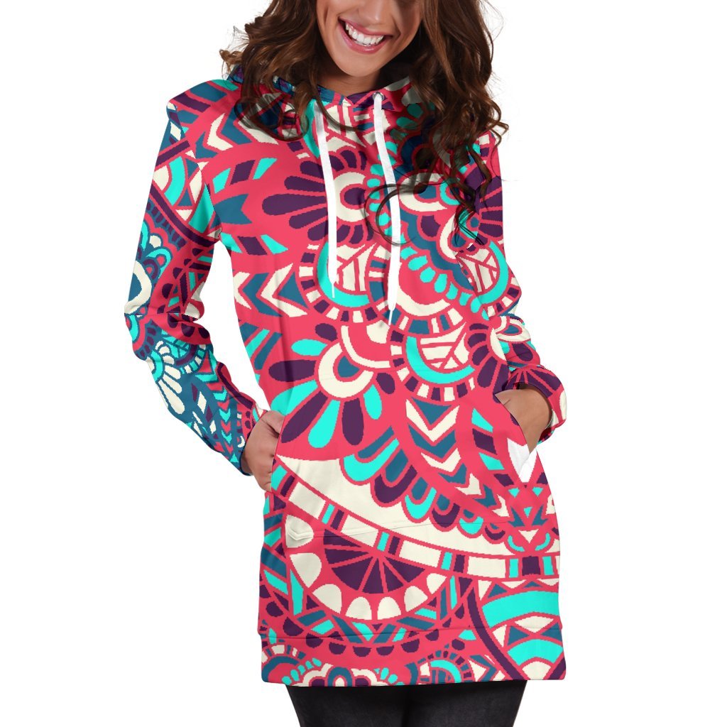 Pink Teal Bohemian Mandala Pattern Print Women's Pullover Hoodie Dress