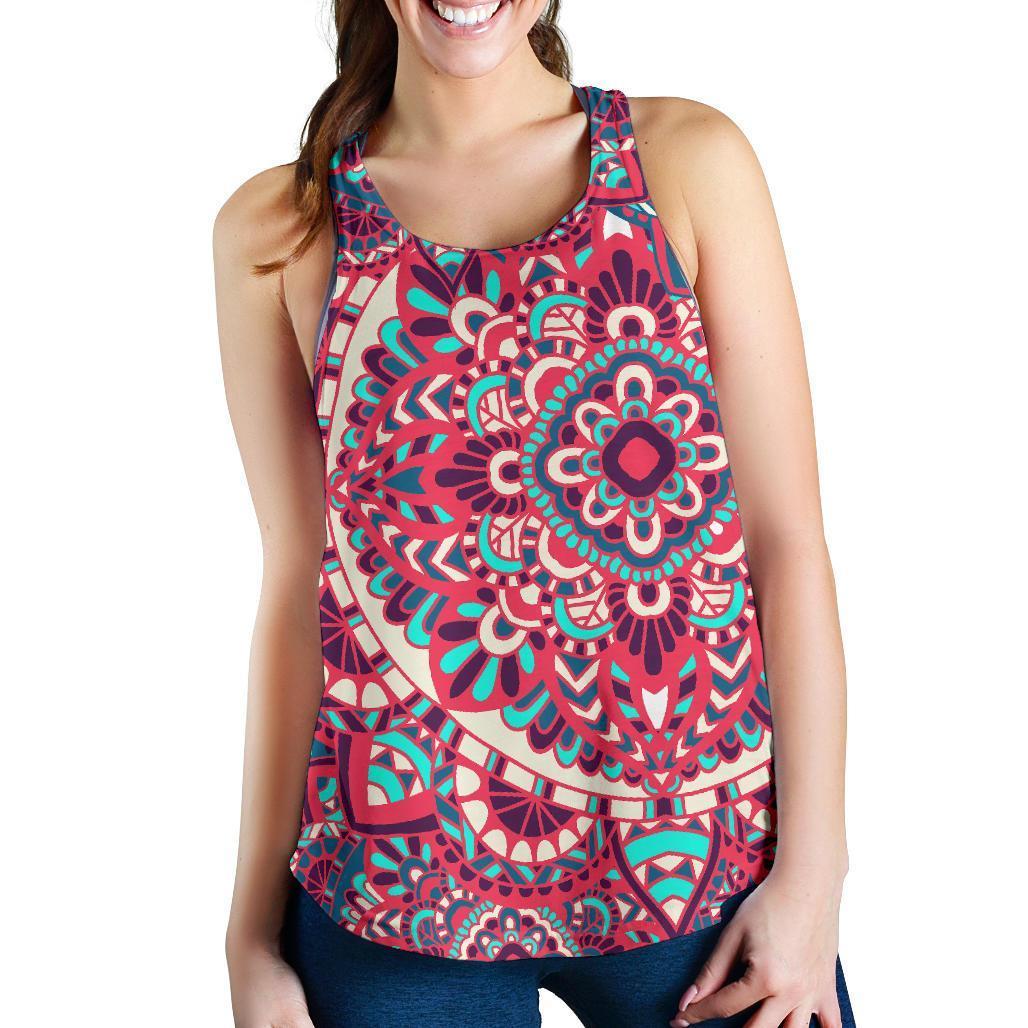 Pink Teal Bohemian Mandala Pattern Print Women's Racerback Tank Top