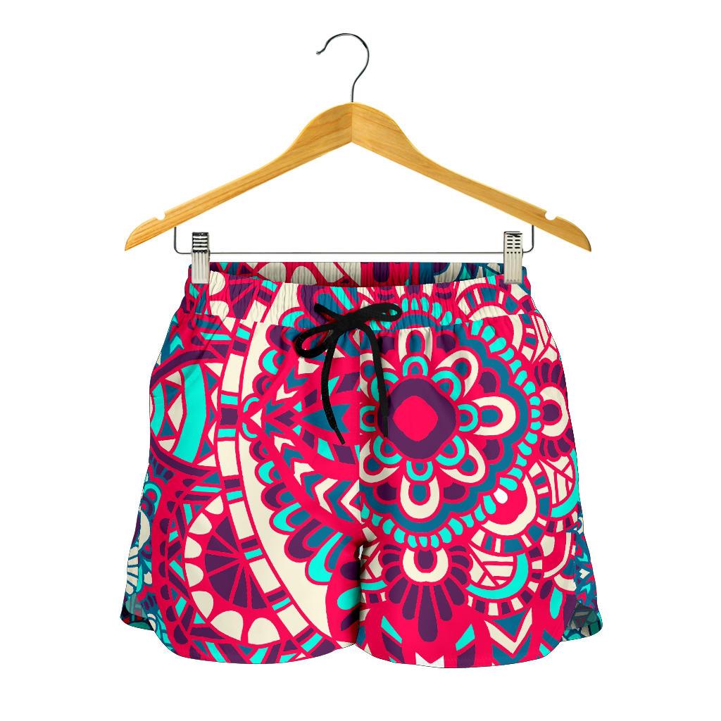 Pink Teal Bohemian Mandala Pattern Print Women's Shorts