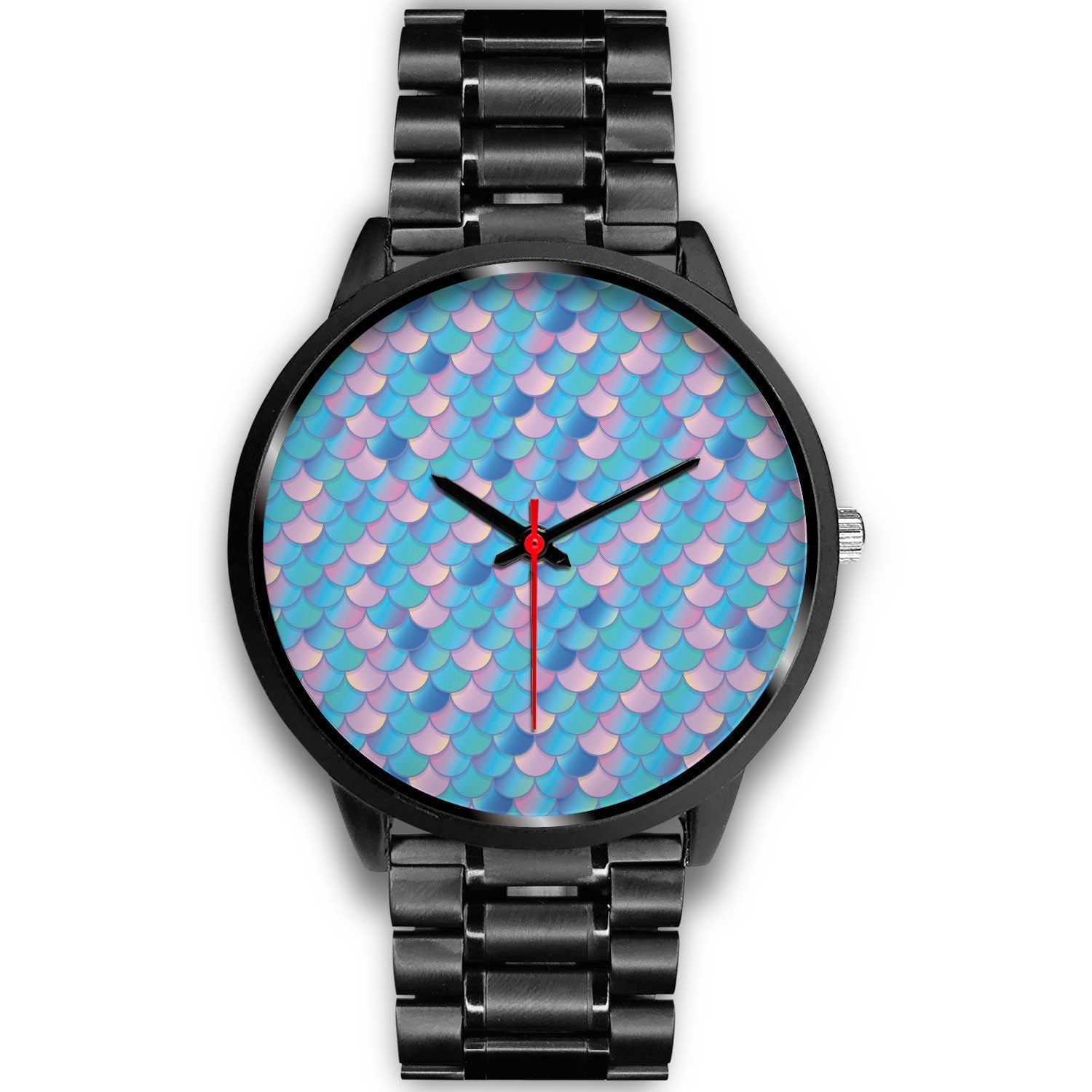 Pink Teal Mermaid Scales Pattern Print Black Watch