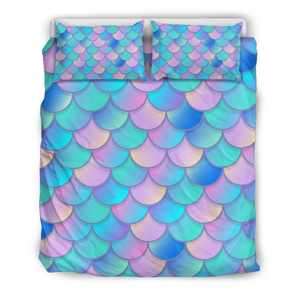 Pink Teal Mermaid Scales Pattern Print Duvet Cover Bedding Set