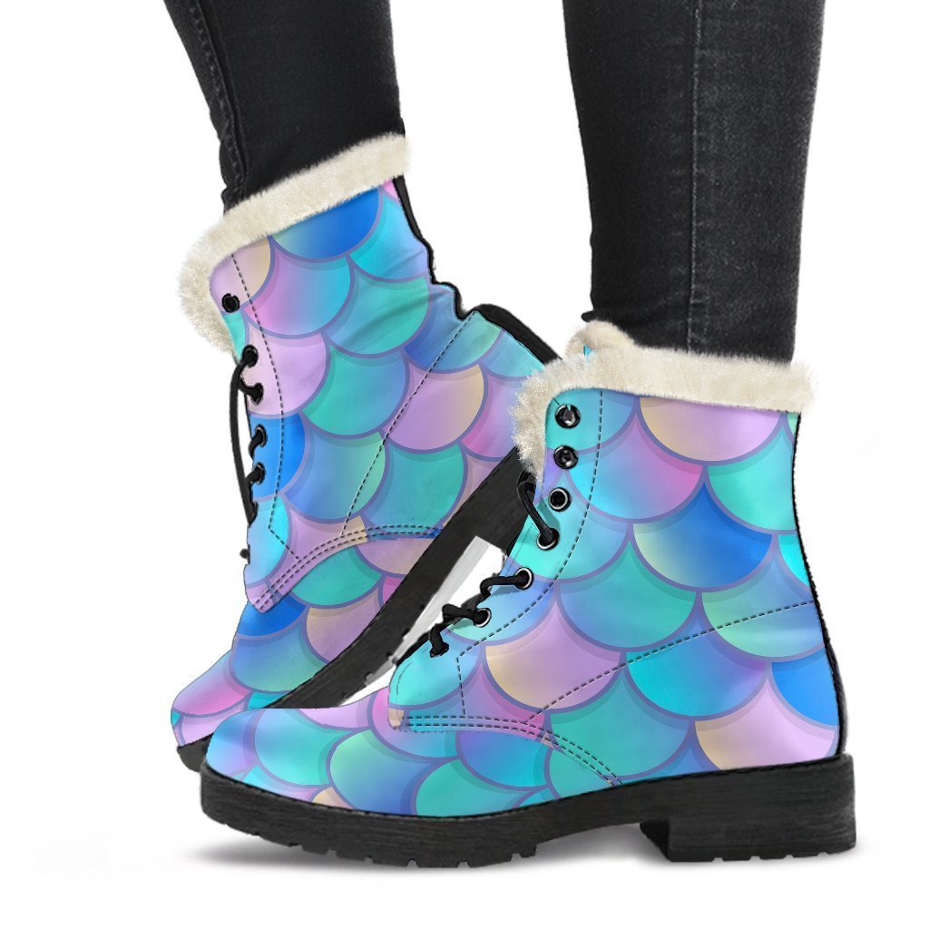 Pink Teal Mermaid Scales Pattern Print Faux Fur Leather Boots